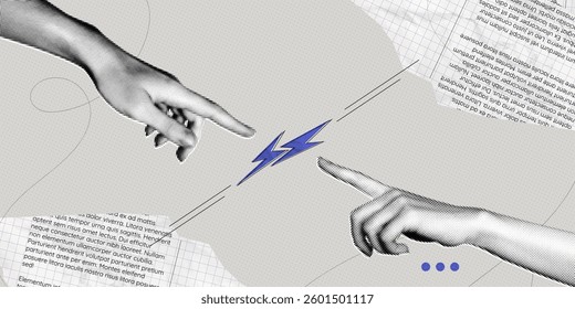 Trendy Halftone Collage Two hands pointing to lightning bolt. Power of teamwork. Digital contemporary art. SEO marketing concept. Business idea. Vector retro pop art illustration