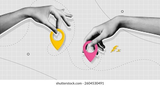 Trendy Halftone Collage Two Hands holding location pins. Delivery route. Travel way and find trip. GPS point navigation. Transport logistic. Position element. Contemporary vector illustration art