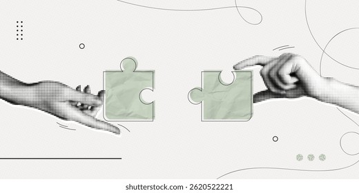 Trendy Halftone Collage Two Hands combine puzzle pieces. Teamwork and brainstorm concept. Business idea and solution. Partnership relationship. Contemporary vector illustration art