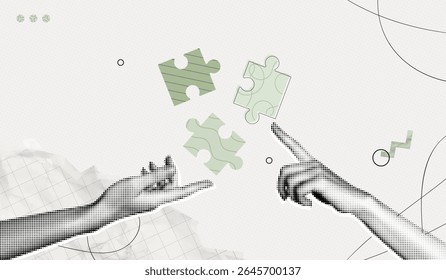 Collage de Halftone de moda de dos manos con piezas de rompecabezas. Concepto de trabajo en equipo. Idea de negocio y solución. Relación de asociación. Nuevo inicio. Desarrollo profesional. Arte de Ilustración vectorial contemporáneo