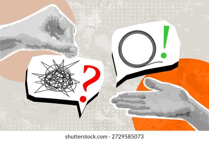Collage de semitonos de moda Dos manos con mensajes de burbujas de discurso de redes sociales. Discusión y comunicación. Diálogo Abstractas. Conversación en línea. Vector Arte contemporáneo	