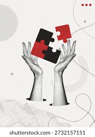 Trendy Halftone Collage Two Hands holding puzzles pieces together. Teamwork concept. Business idea and solution. Partnership relationship. Problem solving. Contemporary vector illustration art