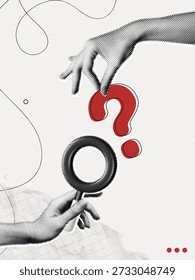 Trendy colagem de meio-tom duas mãos segurando o ponto de interrogação vermelho e lupa. Encontrando solução para o problema. Peça uma resposta. Conceito de perguntas frequentes. Ajuda e suporte. Arte de ilustração vetorial contemporânea