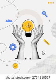 Trendy Halftone Collage Two Hands holds lightbulb. Creative mind, brainstorm or innovation. Create creative idea concept. Business solutions. Think outside box. Contemporary vector illustration art