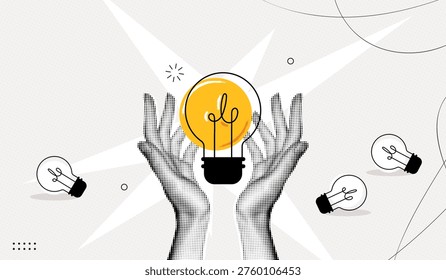 Trendy Halftone Collage Two Hands holds lightbulb. Creative mind, brainstorm or innovation. Problem solving or business solution. Think outside box. Contemporary vector illustration art