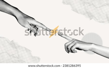 Trendy Halftone Collage Two hands pointing to lightning bolt. Power of teamwork. Digital contemporary art. SEO marketing concept. Business idea. Vector retro pop art illustration