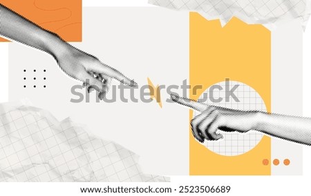 Trendy Halftone Collage Two hands pointing to lightning bolt. Power of teamwork. Digital contemporary art. SEO marketing concept. Business idea. Vector retro pop art illustration