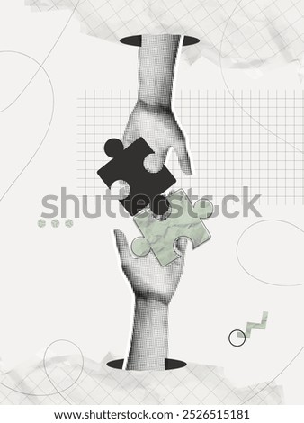 Trendy Halftone Collage Two Hands holding puzzle pieces. Business idea and solution. Teamwork concept. Metaphor of partnership. New startup. Career development. Contemporary vector illustration art