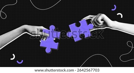 Trendy Halftone Collage Two Hands combine puzzle pieces. Teamwork and brainstorm concept. Business idea and solution. Partnership relationship. Contemporary vector illustration art