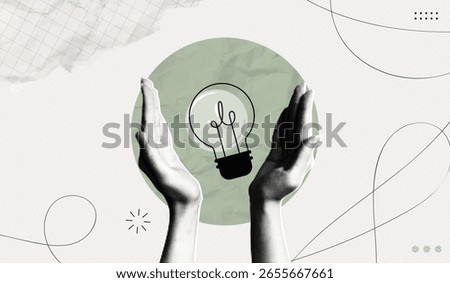 Trendy Halftone Collage Two Hands holds lightbulb. Creative mind or brainstorm. Create creative idea concept. Business solutions. Think outside the box. Marketing time. Contemporary vector art