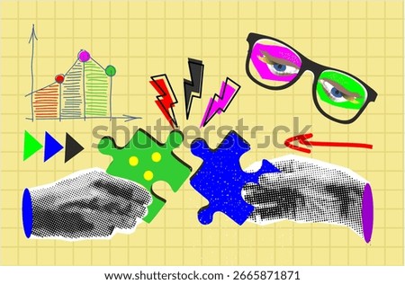 Trendy Halftone Collage Two Hands combine puzzle pieces. Teamwork and brainstorm concept. Business idea and solution. Partnership relationship. Contemporary art vector illustration