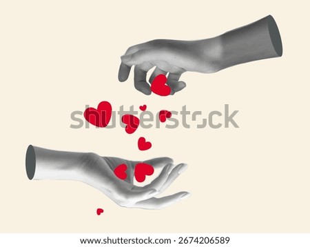 Trendy halftone collage with two hands holding floating hearts. Social media emoticon style for Valentine’s Day, Mother’s Day, and love-themed designs. Contemporary vector illustration.