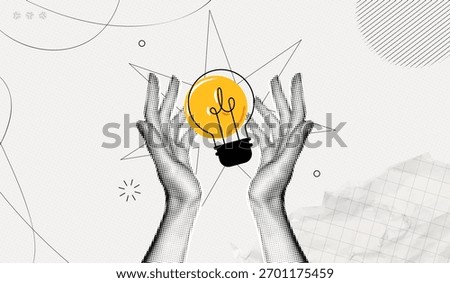 Trendy Halftone Collage Two Hands holds lightbulb. Creative mind or brainstorm. Create creative idea concept. Business solutions. Think outside the box. Marketing time. Contemporary vector art
