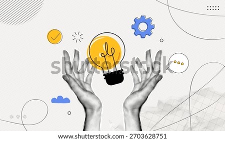 Trendy Halftone Collage Two Hands holds lightbulb. Creative mind, brainstorm or innovation. Create creative idea concept. Business solutions. Think outside box. Contemporary vector illustration art