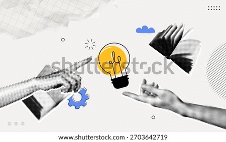 Trendy Halftone Collage Two Hands with lightbulb. Creative mind, brainstorm or innovation. Create creative idea concept. Business solutions. Think outside box. Contemporary vector illustration art