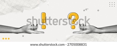 Trendy Halftone Collage Two Hands with Exclamation and Question mark. Help with support and problem solving. Ask for reply. Discussion and dilemma. Contemporary vector illustration art