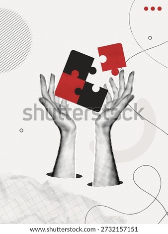 Trendy Halftone Collage Two Hands holding puzzles pieces together. Teamwork concept. Business idea and solution. Partnership relationship. Problem solving. Contemporary vector illustration art