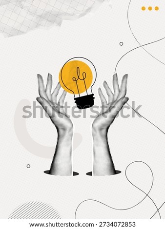 Trendy Halftone Collage Two Hands holds lightbulb. Creative mind or brainstorm. Create creative idea concept. Business solutions. Think outside the box. Marketing time. Contemporary vector art