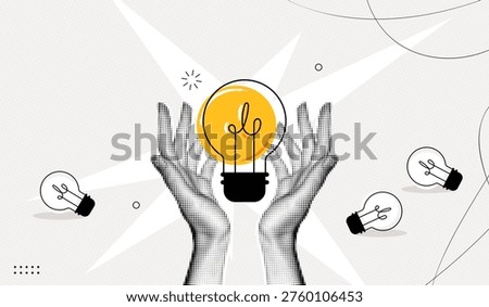 Trendy Halftone Collage Two Hands holds lightbulb. Creative mind, brainstorm or innovation. Problem solving or business solution. Think outside box. Contemporary vector illustration art