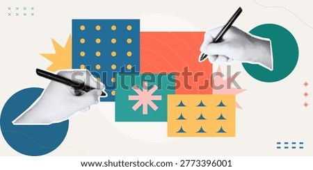Trendy Halftone Collage of two halftone hands writing on colorful geometric pattern cards with star burst, symbolizing creative collaboration and teamwork, ideal for design and agency content.