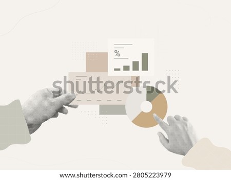 Trendy Halftone Collage of two hands analyzing line chart, bar graph, and pie chart data cards, representing market analytics and financial insight.