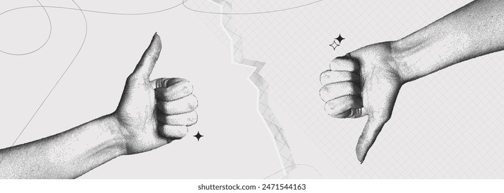 Trendy Halftone Collage Two Woman Hands with like and dislike gestures. Arm showing thumb up. Discussion in conversation, work and social media. Feedback banner. Contemporary vector art illustration