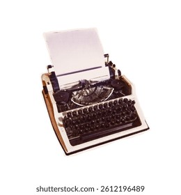 Trendy halftone collage of a typewriter cut out an old newspaper. Isolated vector illustration colorful retro sticker with Bitmap and Dots texture. Vintage aesthetic, 80s - 90s vibe, nostalgic