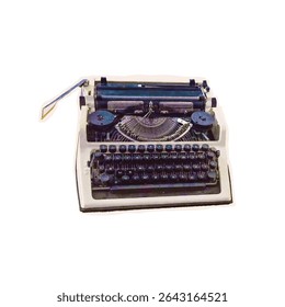 Trendy halftone collage of a typewriter cut out an old newspaper. Isolated vector illustration colorful retro sticker with Bitmap and Dots texture. Vintage aesthetic, 80s - 90s vibe, nostalgic