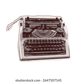 Trendy halftone collage of a typewriter cut out an old newspaper. Isolated vector illustration grayscale retro sticker with Bitmap and Dots texture. Vintage aesthetic, 80s - 90s vibe, nostalgic