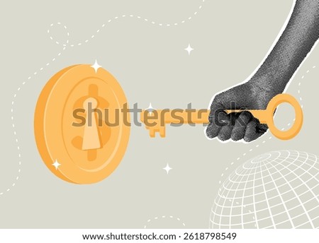 Trendy halftone collage. Unlocking financial success. The key to wealth and investment. Concept of financial success key, unlocking the secret investment reward, financial knowledge, prosperity