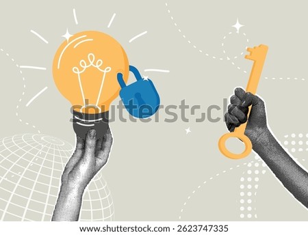 Trendy halftone collage. Unlocking the power of ideas. Innovation and safety. Intellectual property concept, copyright, product trademark,patent protection.