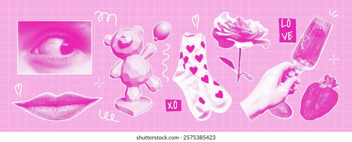 Trendy halftone collage Valentine's Day elements. Eye, lips, bear, socks, rose, strawberry. Trendy collection with doodle elements