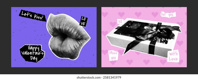 Trendy halftone collage Valentine's Day banners. Lips, gift. Trendy vector illustration