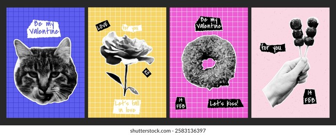 Trendy halftone collage Valentine's Day posters set. Cat, rose, donut, sweets. Dotted pop art style. Modern vector illustration