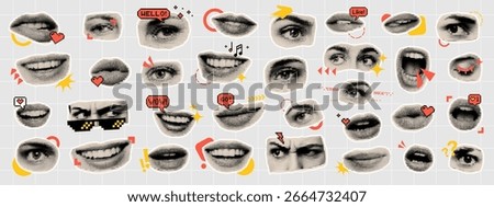 Trendy halftone collage with various facial features and social media icons creating an engaging background for modern design.