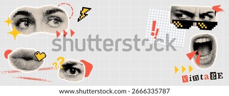 Trendy halftone collage vector frame with abstract faces and pixel art elements for modern design and digital style.