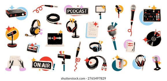 Trendy halftone collage vector set of podcast equipment. Collection of microphone, audio mixer, headphone and studio gear elements for radio broadcasting and digital content creation design.