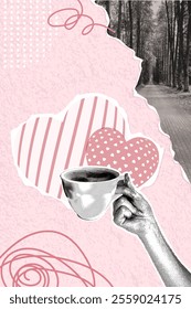 Trendy halftone collage. Vector collage of torn paper, coffee cup on background of hearts cut out of paper, flowers and hands. Trendy retro style. Vector illustration