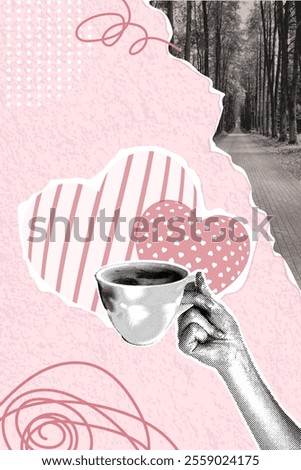 Trendy halftone collage. Vector collage of torn paper, coffee cup on background of hearts cut out of paper, flowers and hands. Trendy retro style. Vector illustration