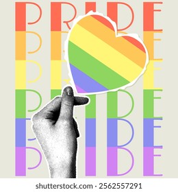 Trendy halftone collage. Vertical collage on pride month theme in retro style. Hand with halftone effect holding a heart cut out of paper in scrapbooking style. Fancy retro collage. 
