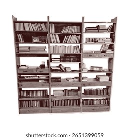 Trendy halftone collage of Vintage bookshelf, cut from old newspaper. Isolated vector illustration grayscale sticker with Dot texture on transparent background. Vintage Pop art, y2k vibe nostalgic