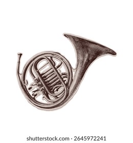 Trendy halftone collage of vintage french horn cut out an of old newspaper. Isolated vector illustration grayscale retro sticker with Bitmap and Dots texture. Pop art aesthetic, 80s-90s vibe nostalgic