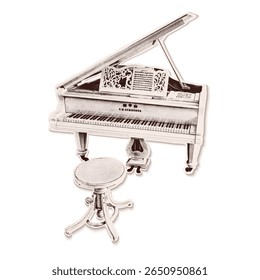 Trendy halftone collage of a vintage grand piano cut from old newspaper. Isolated vector illustration piano grayscale retro sticker with Dot texture. Vintage Pop art aesthetic, y2k vibe nostalgic