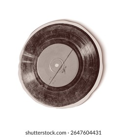 Trendy halftone collage of a vinyl LP cut out an old newspaper. Isolated vector illustration grayscale retro sticker plate with Bitmap and Dots texture. Vintage aesthetic, 80s - 90s vibe, nostalgic