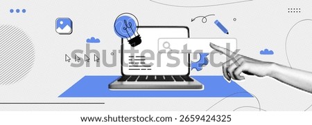 Trendy Halftone Collage Web design and development. Content creator. Computer laptop with search bar, lightbulb and pencil. Social media and ui designer. Contemporary vector illustration art