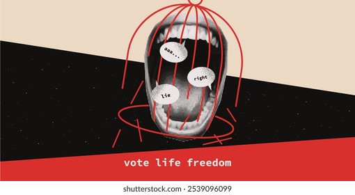 Trendy halftone collage in which a mouth in a cage with speech bubbles is a lie, the truth, freedom. Contemporary art. Vector.
