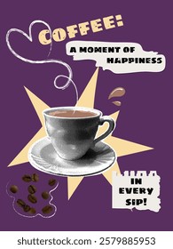 Trendy halftone collage. White cup halftone effect with hot coffee and coffee beans on purple background. Colors mocha mousse.