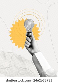 Trendy Halftone Collage Woman Hand holds Light bulb. Education concept. New ideas and solutions in business. Creative mind or brainstorm. Vertical poster. Contemporary vector art illustration