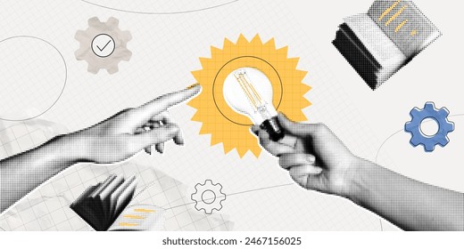 Trendy Halftone Collage Woman Hand holds Light bulb. Study and education concept. New ideas and solutions in business. Creative mind or brainstorm. Contemporary vector illustration art