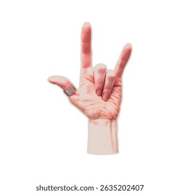 Trendy halftone collage of woman hand rocker cut out an old newspaper. Isolated vector illustration colorful retro sticker of gesture ILV with Dots texture. Vintage aesthetic, 90s vibe, nostalgic